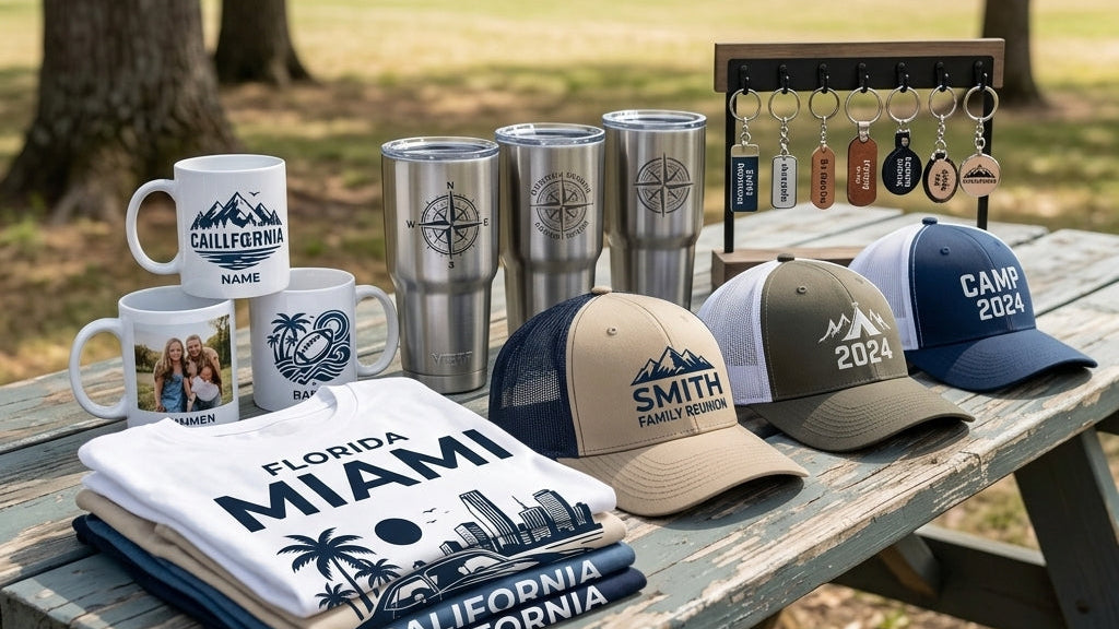 A collection of custom outdoor-themed merchandise displayed on a rustic wooden picnic table in a park setting. The products include a stack of folded t-shirts with 'Florida Miami' and 'California' designs, a stack of white mugs, four stainless steel tumblers, a wooden key holder with custom keychains, and three baseball caps (navy, tan, and white) featuring mountain and compass designs.